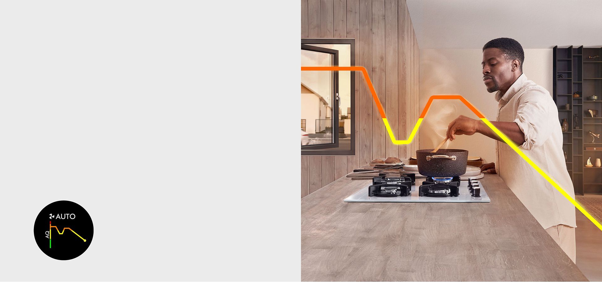 A man cooking with exhaust fumes entering an open window. A line shows where pollutants are high.