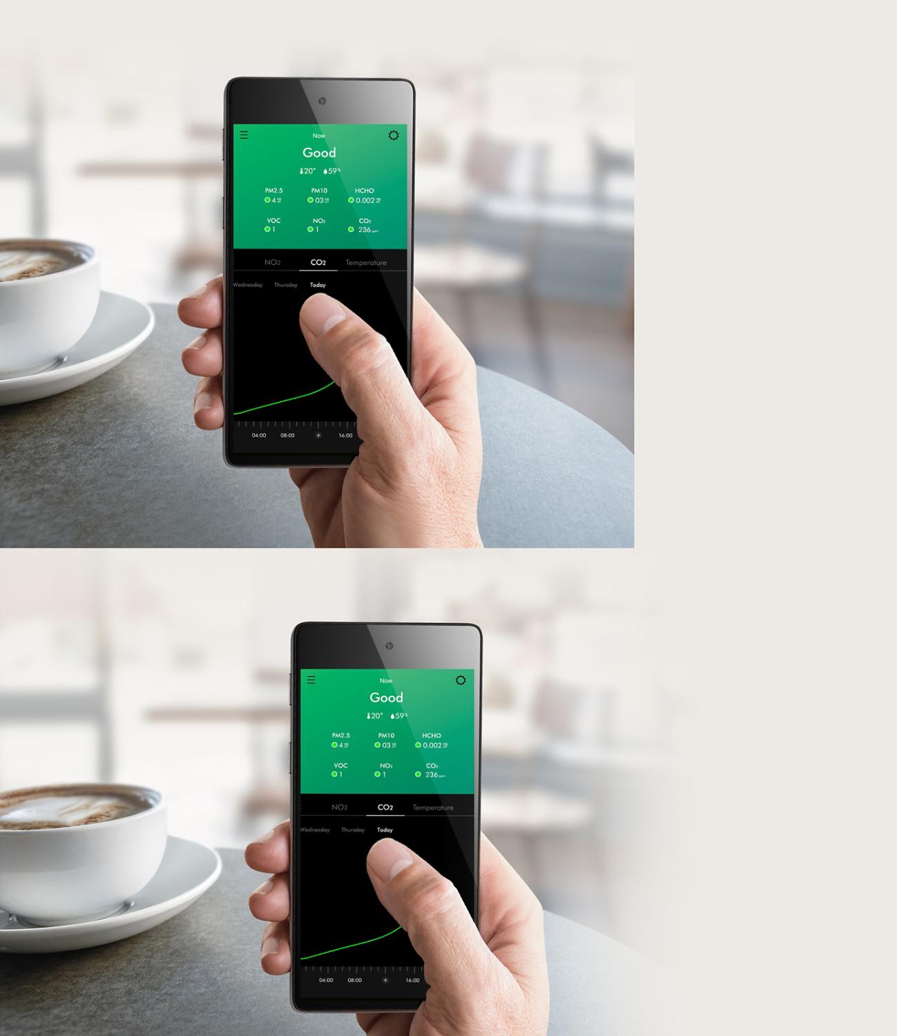 Close-up van een hand die een smartphone vasthoudt. Het scherm toont de hoeveelheid verontreinigende stoffen in huis.