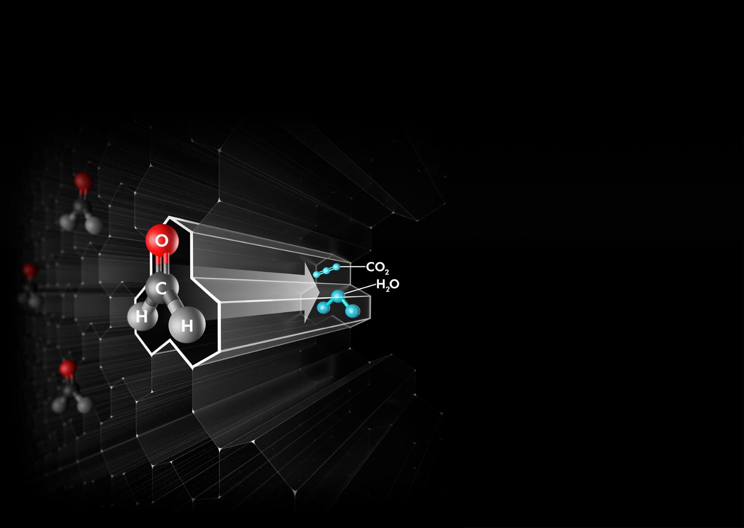 Een afbeelding toont hoe formaldehyde door het SCO-filter wordt omgezet in kooldioxide en water.