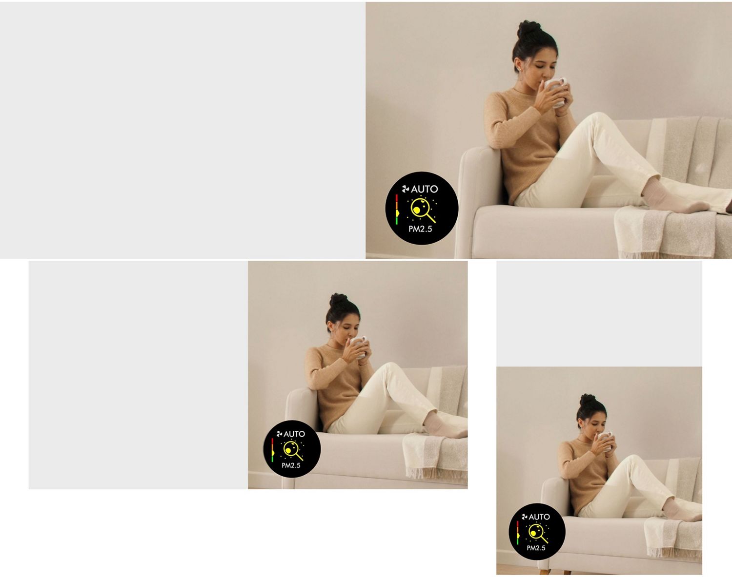 A woman sips a warm drink from a mug while sitting on a sofa.