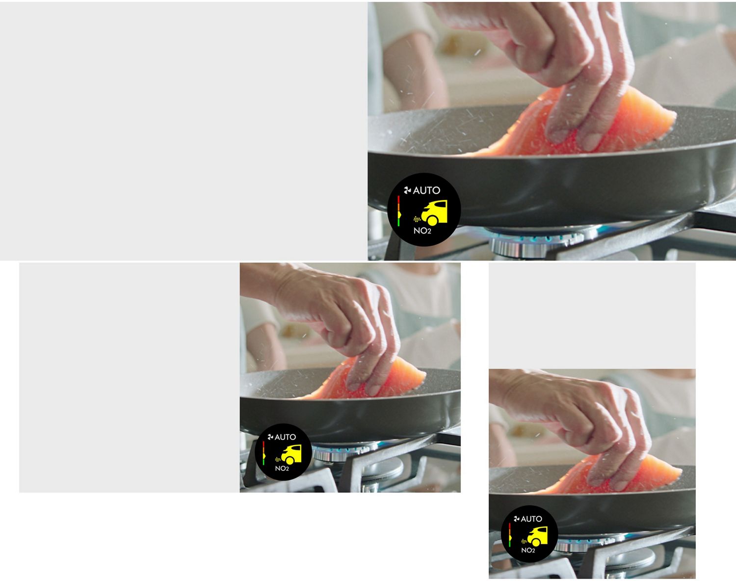 A person cooks a salmon fillet over a gas stove.