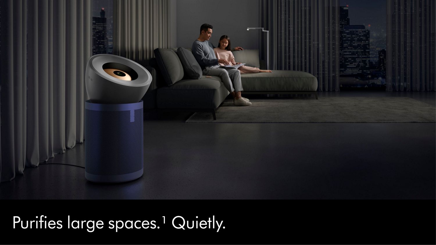 A Dyson Purifier Big+Quiet Formaldehyde air purifier cleans air in a large living room.