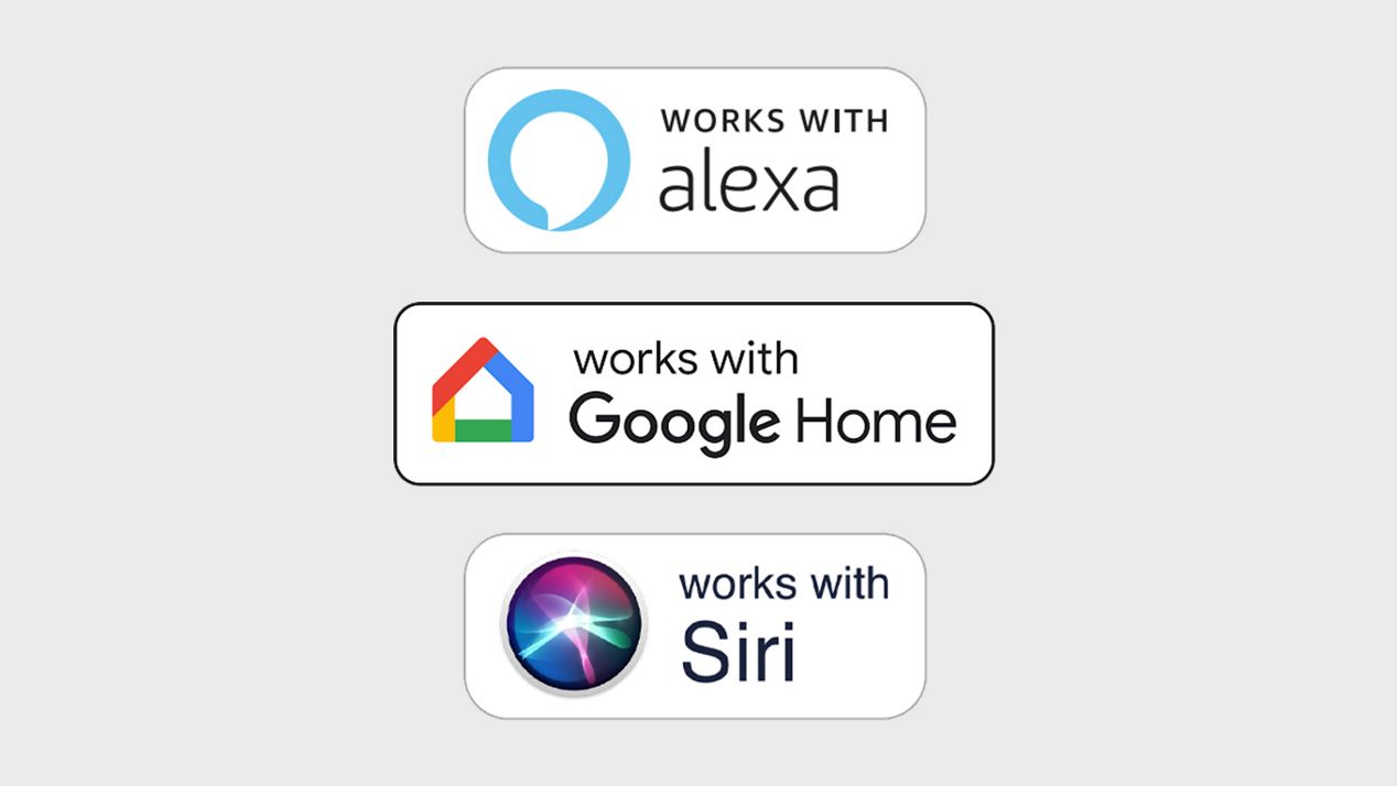 Logos for smart services and voice control, including Alexa, Google Home and Siri.