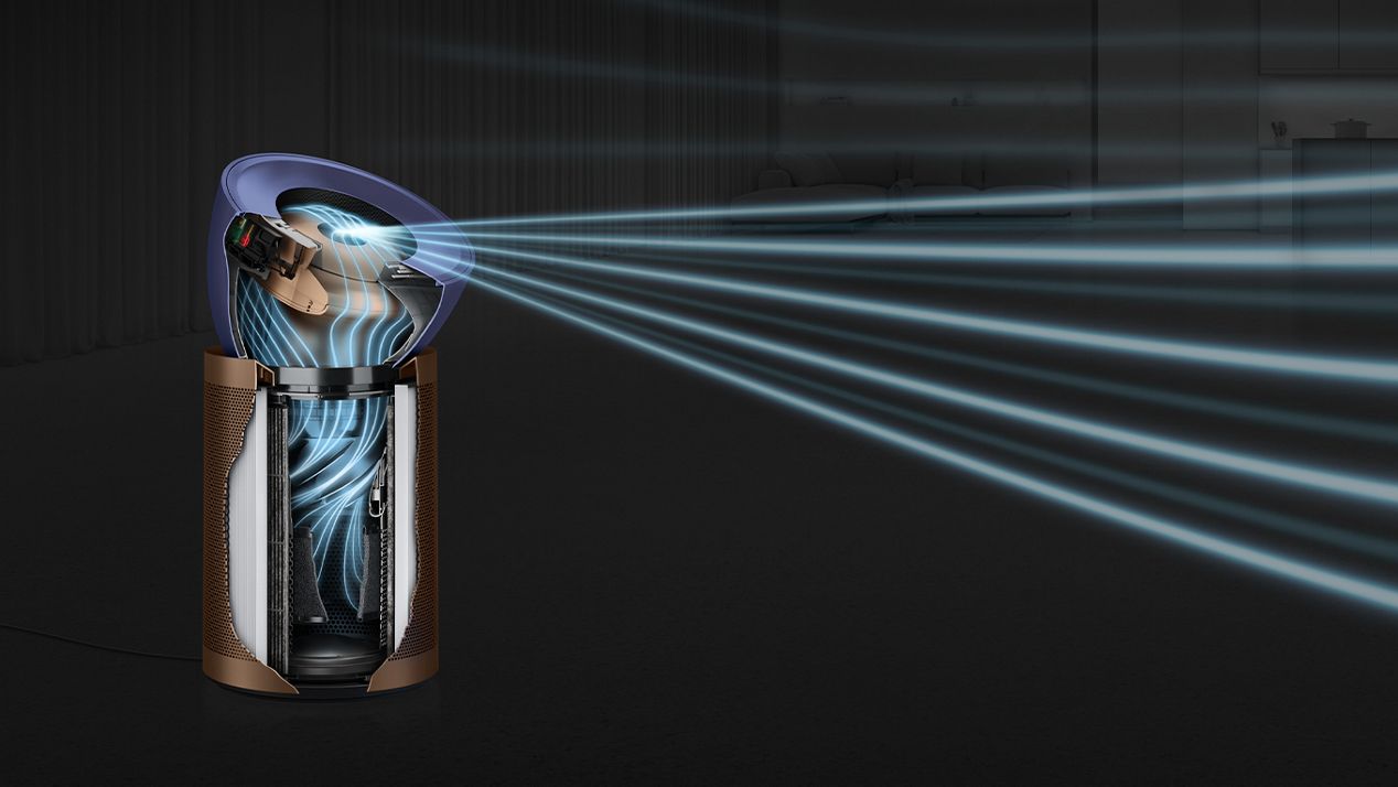 Schnittdarstellung des Dyson Purifier Big+Quiet Formaldehyde, die blaue Linien verwendet, um den Luftstrom innrhalb und außerhalb des Geräts zu zeigen. Schnittdarstellung des Dyson Purifier Big+Quiet Formaldehyde, die blaue Linien verwendet, um den Luftstrom innrhalb und außerhalb des Geräts zu zeigen.
