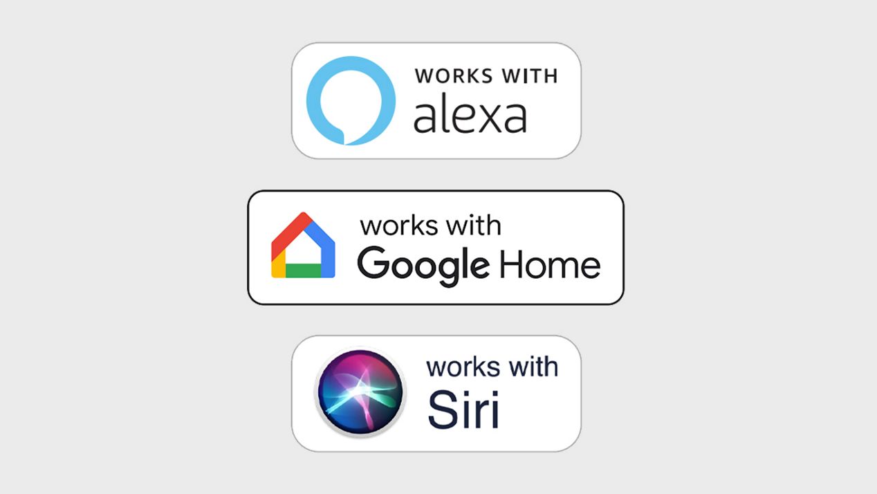 Logos für Smart-Home- und Sprachdienste, einschließlich Alexa, Google Home und Siri. Logos für Smart-Home- und Sprachdienste, einschließlich Alexa, Google Home und Siri.