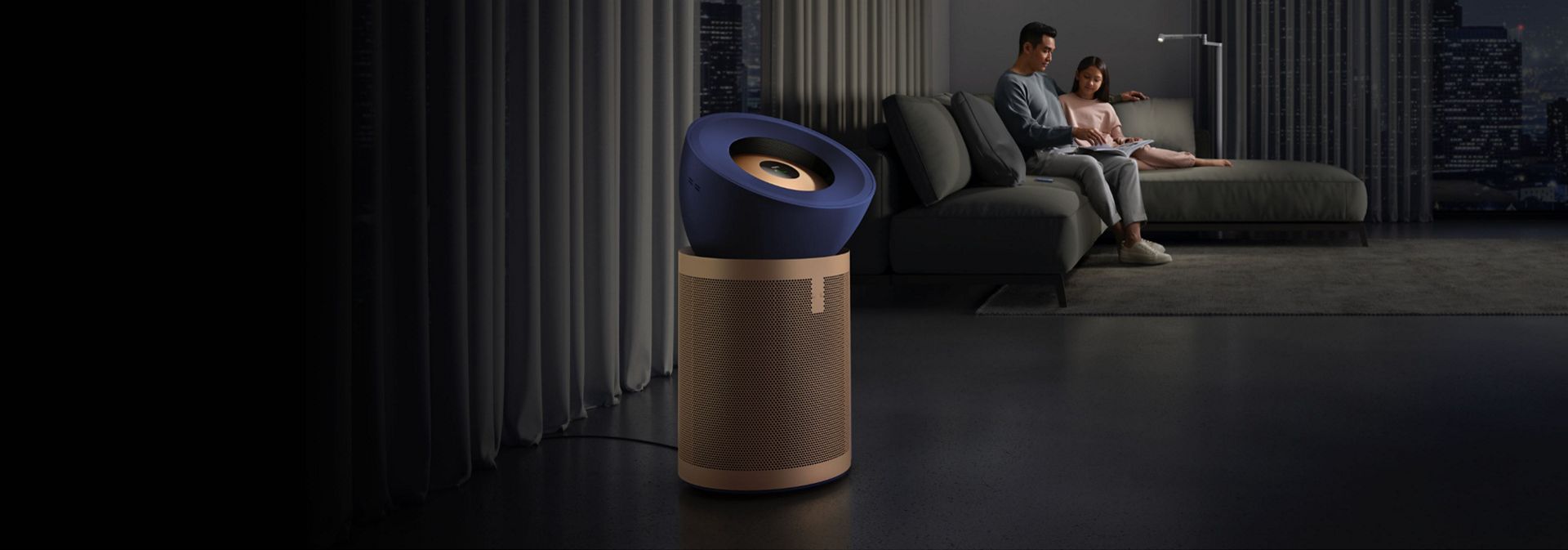 A Dyson Purifier Big+Quiet Formaldehyde air purifier cleans air in a large living room.