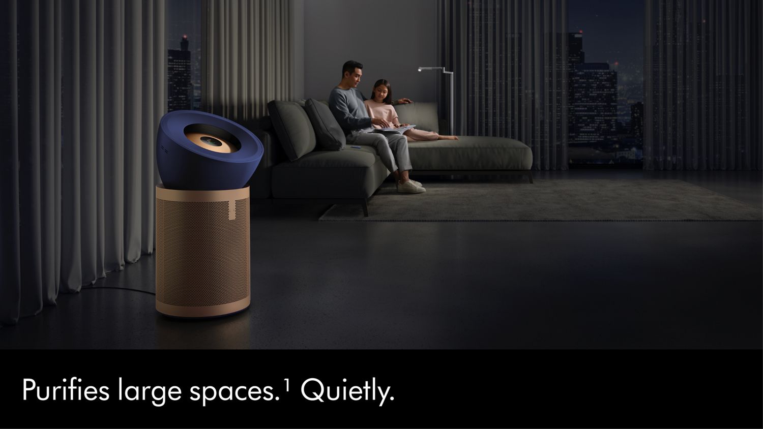 A Dyson Purifier Big+Quiet Formaldehyde air purifier cleans air in a large living room.