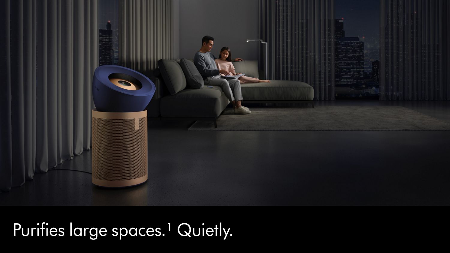 A Dyson Purifier Big+Quiet Formaldehyde air purifier cleans air in a large living room.