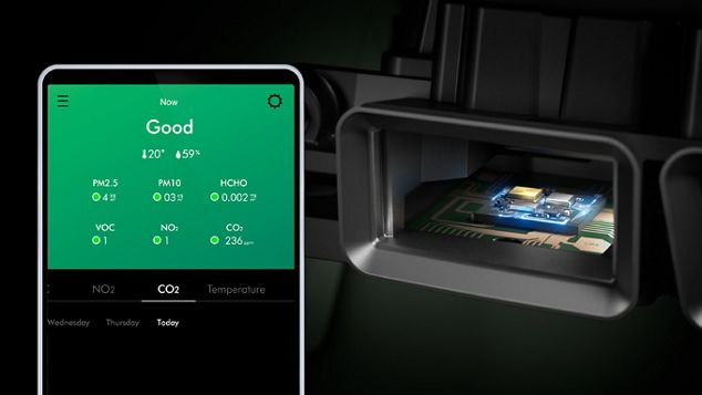 Close-up of the CO₂ sensor, with a smartphone screen showing levels of CO₂ and pollutants in the home.