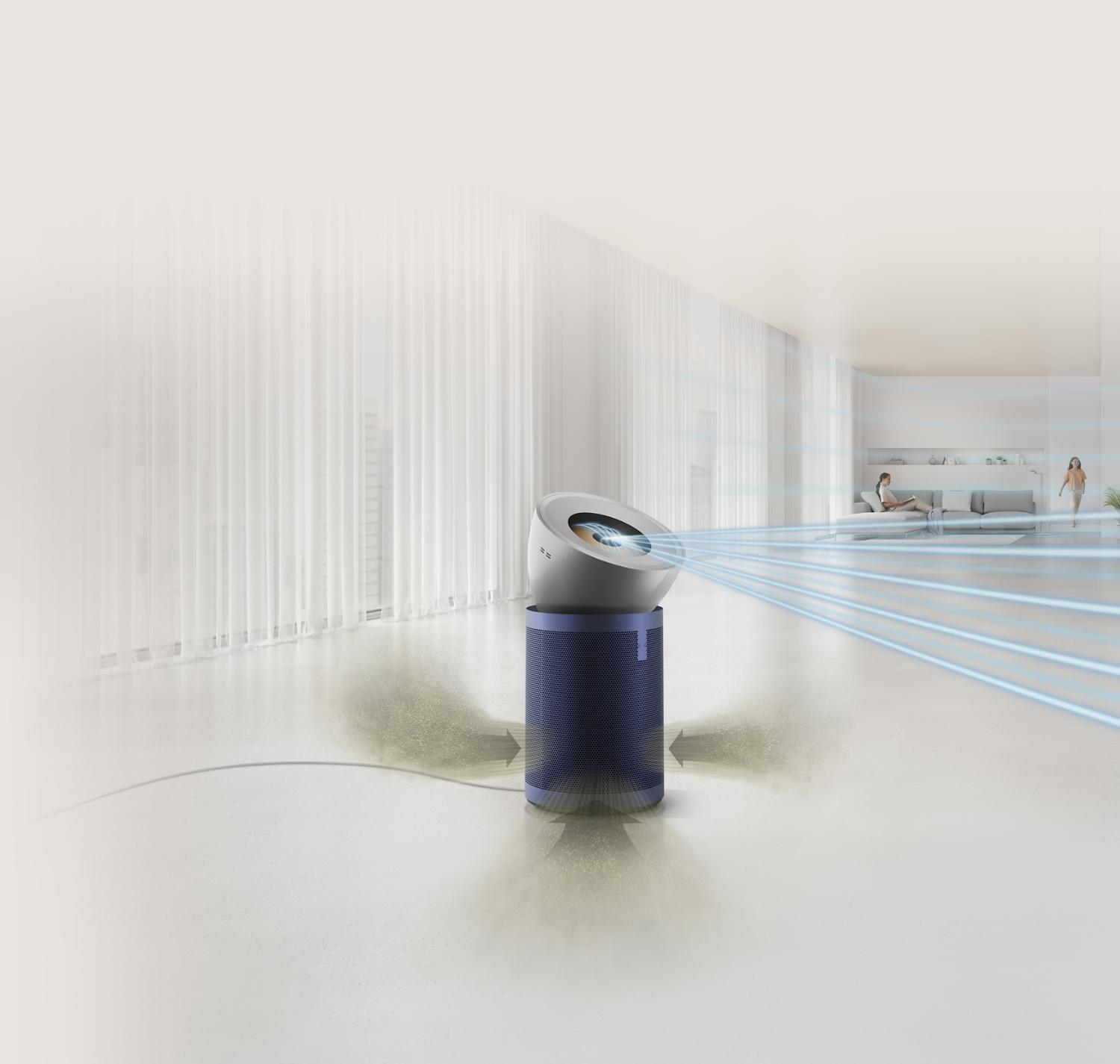 Dyson Purifier Big+Quiet Formaldehyde projecteert lucht in de leefruimte terwijl verontreinigende stoffen worden opgevangen in het filter.