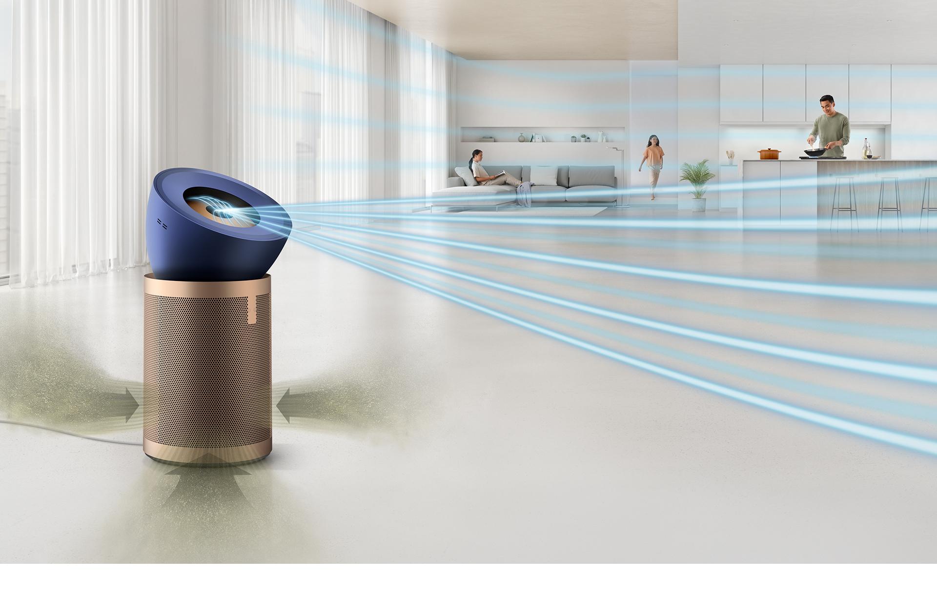 Dyson Purifier BP04 (Satin dark blue and gold) in a front room with three people in the background
