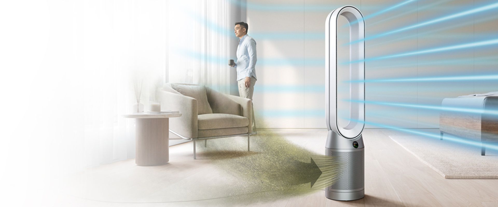 空気の汚れを吸い込み、浄化された空気を放出するDyson Pure Cool（ホワイト＆シルバー