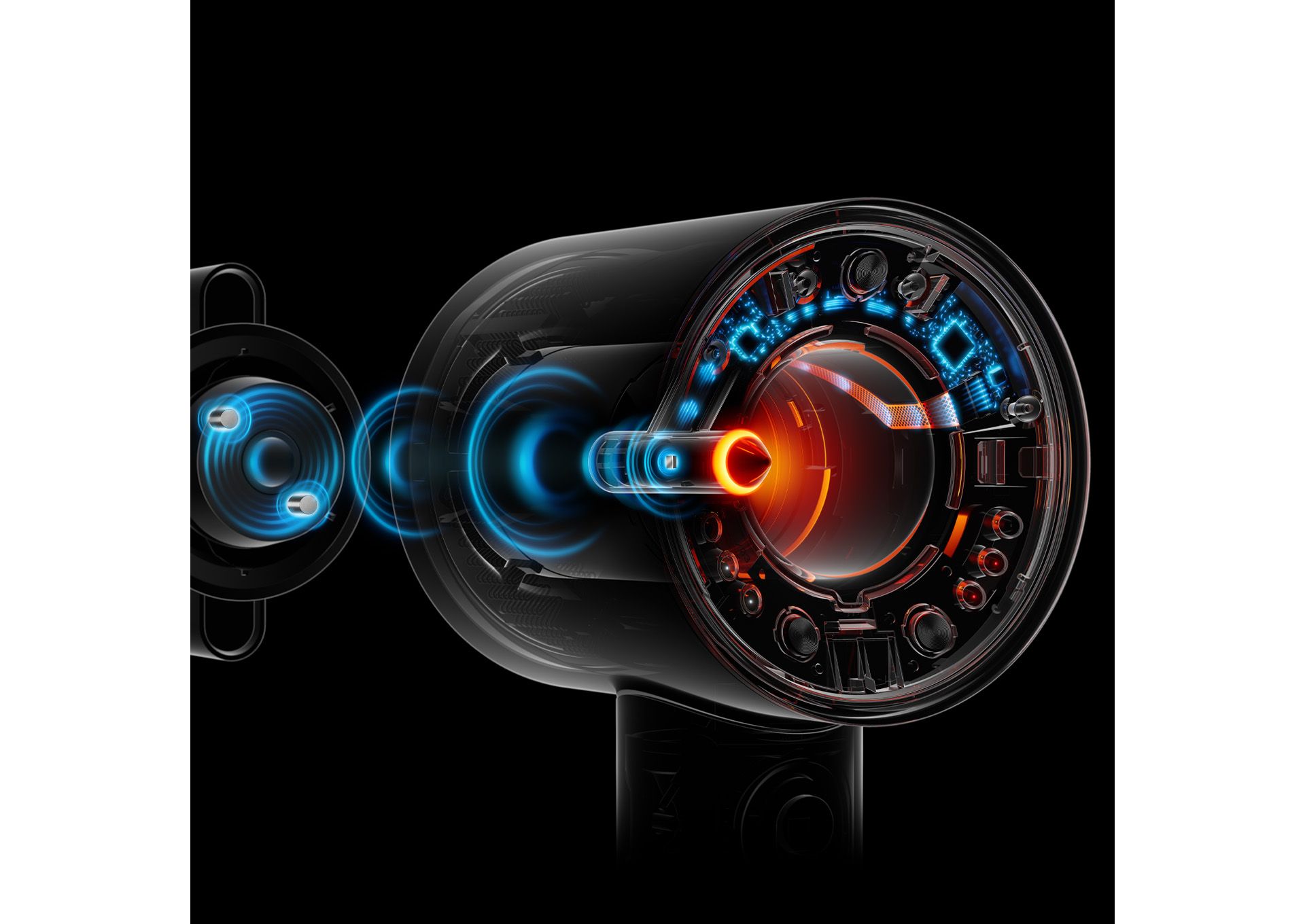 Cutaway graphics show the recognition technology inside the Dyson Supersonic Nural and its attachments.