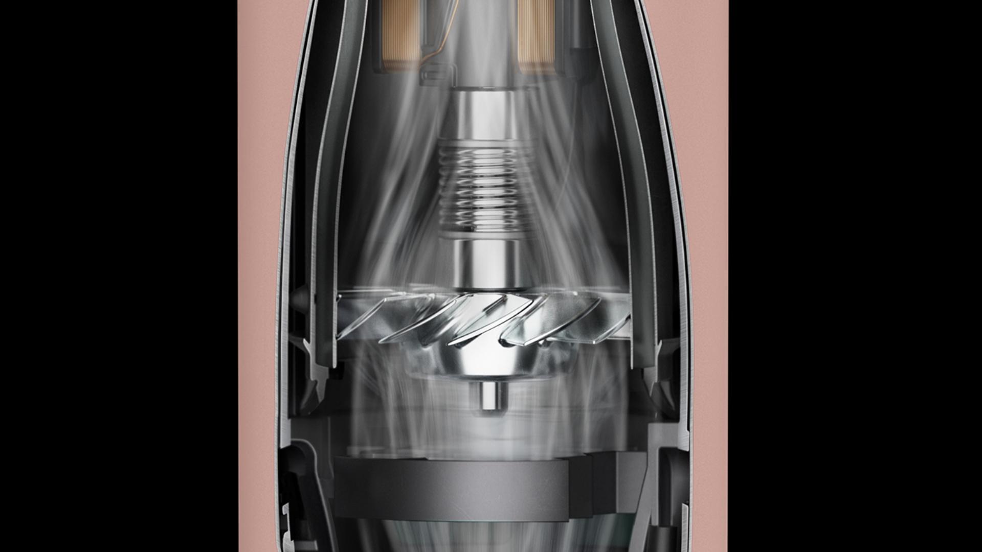 Cutaway graphic showing the Hyperdymium motor inside the Dyson Supersonic Nural hair dryer.
