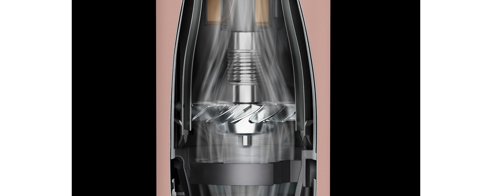 Cutaway graphic showing the Hyperdymium motor inside the Dyson Supersonic Nural hair dryer.