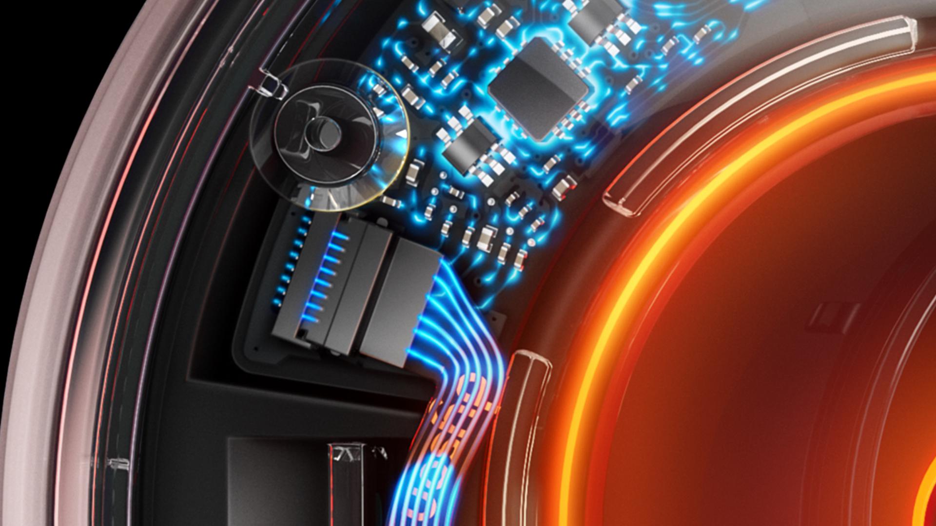 Cutaway graphic of the heat regulation technology within the Supersonic Nural hair dryer.