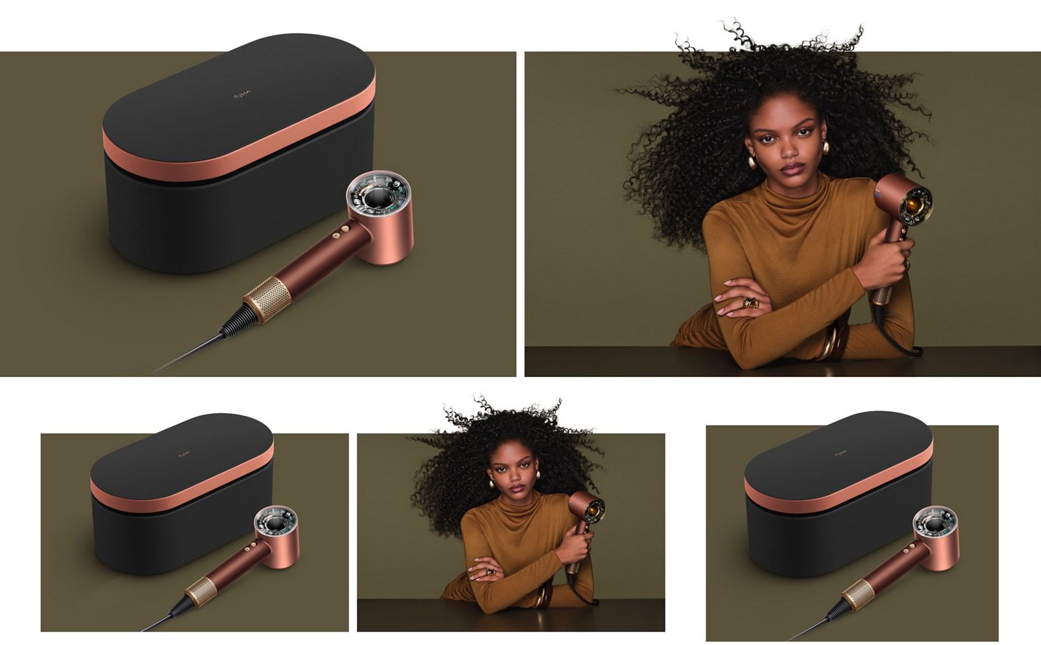 Dyson Supersonic Nural hair dryer with Presentation case and a model holding the device.