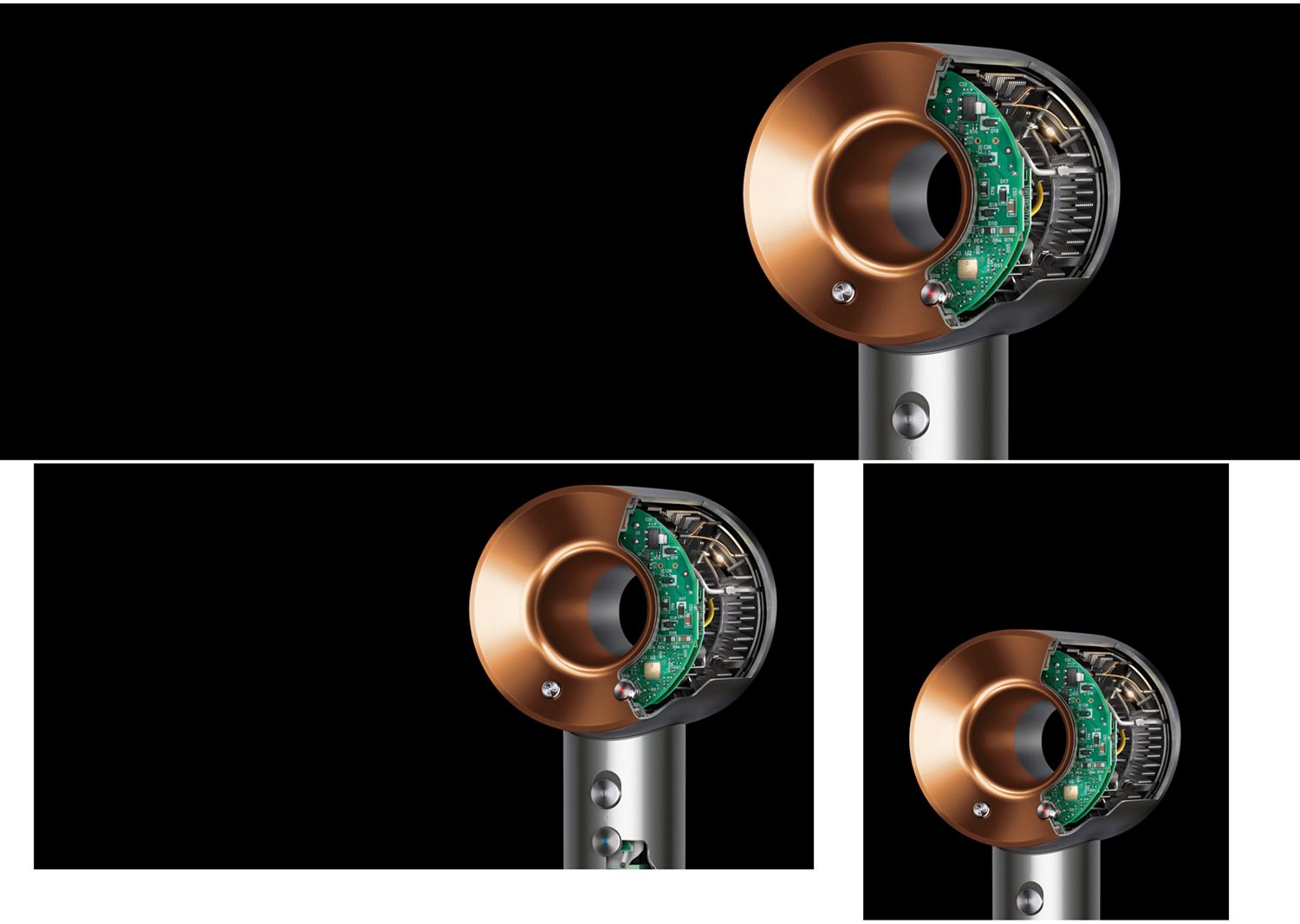 A cutaway of the Dyson Supersonic hair dryer’s aperture with Intelligent heat control technology revealed.
