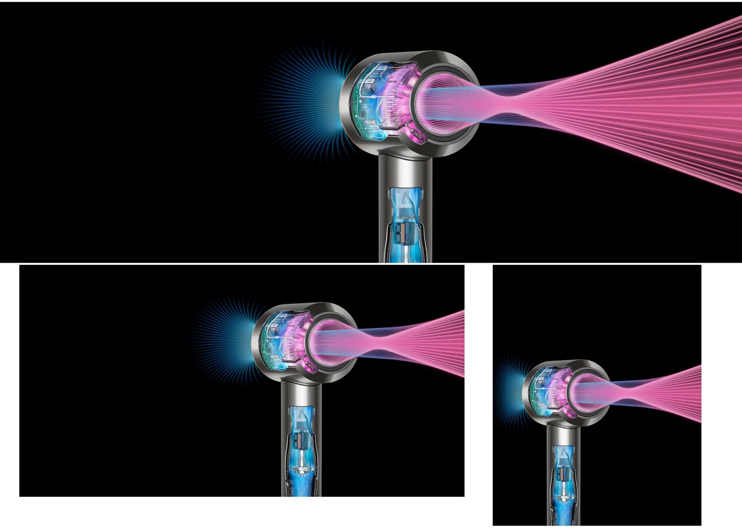 A cutaway of the Dyson Supersonic hair dryer showing internal components and airflow projected from the aperture.