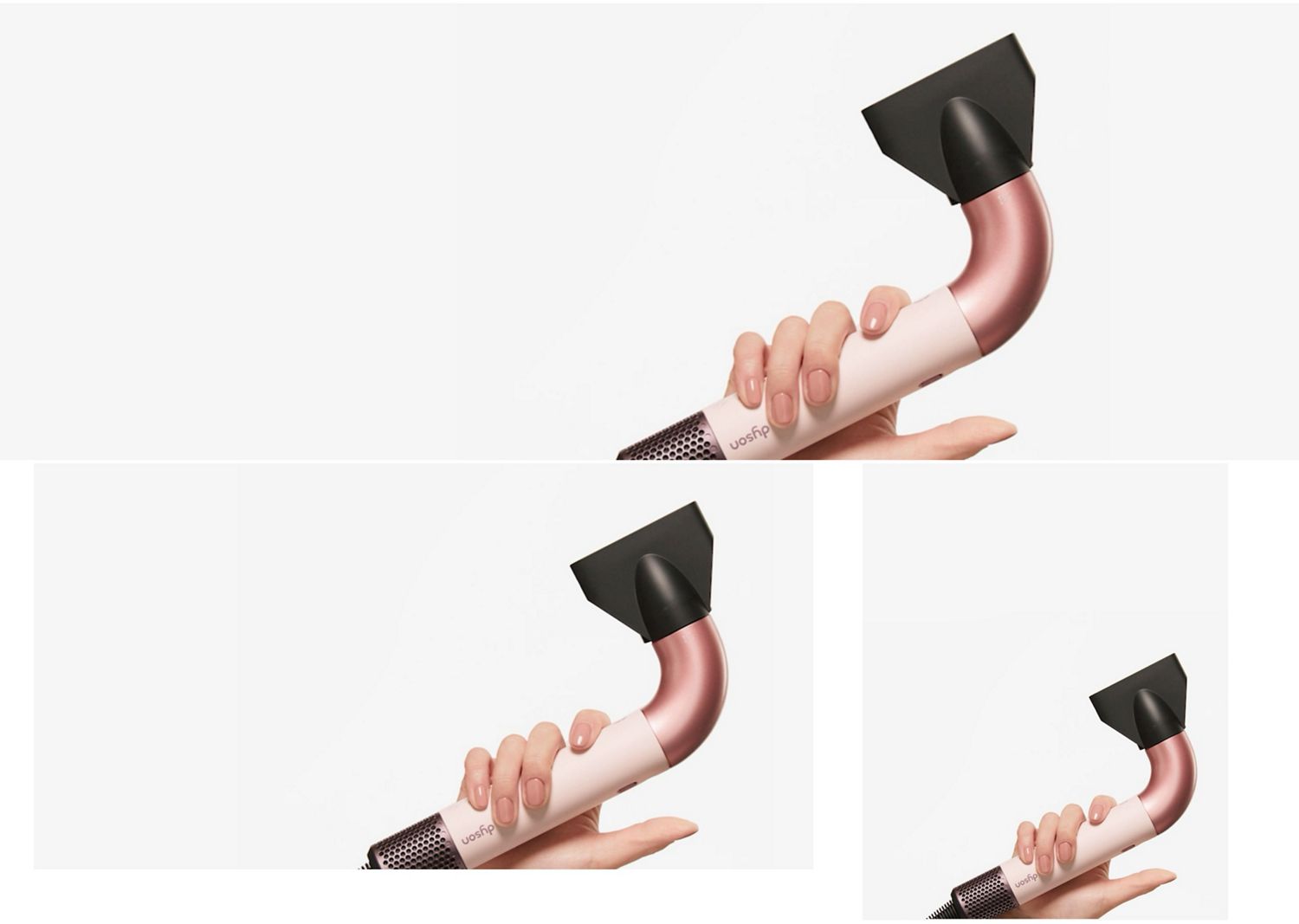 The Dyson Supersonic r hair dryer with the Gentle air attachment held by a model.