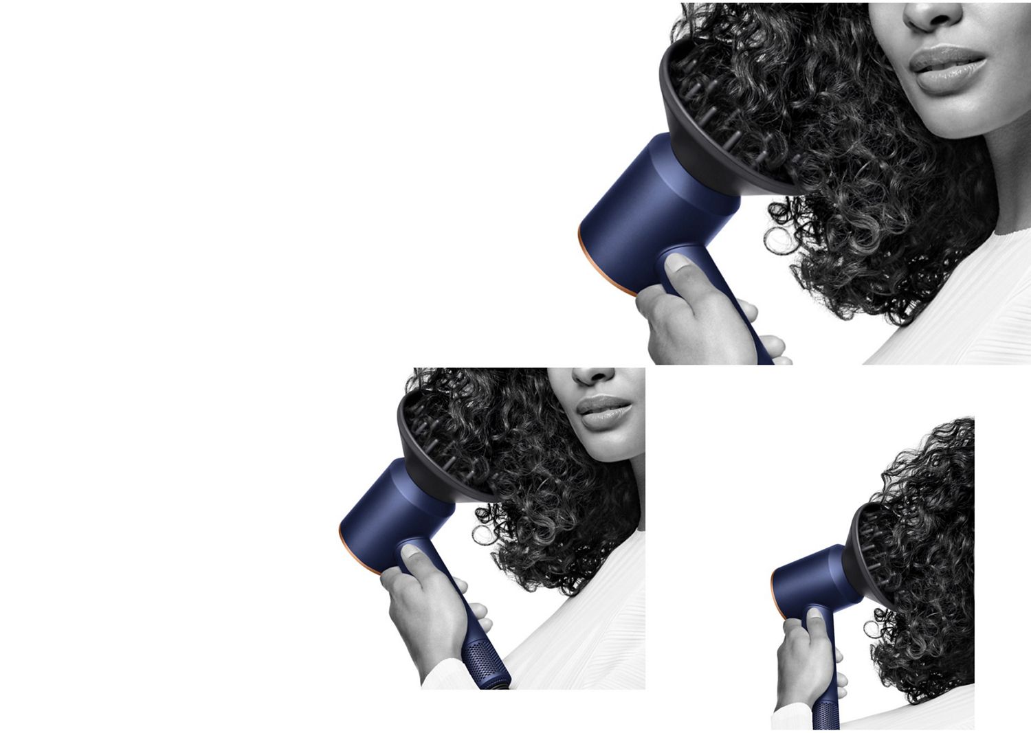 The Dyson Supersonic hair dryer with the Flyaway attachment held by a model.