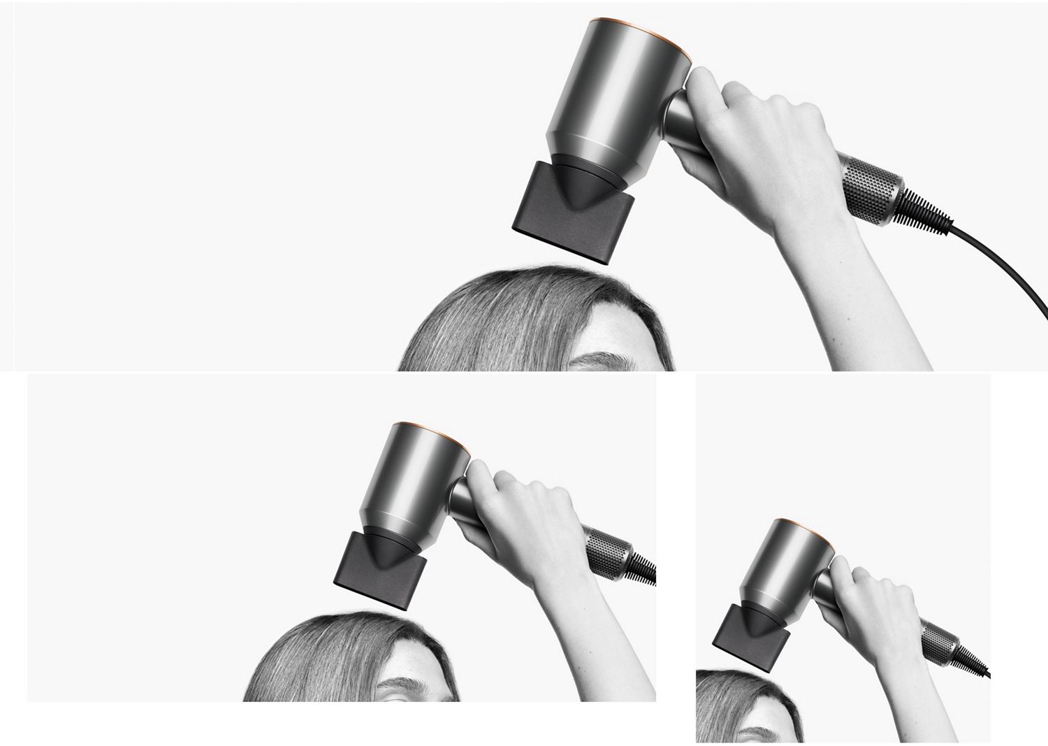 The Dyson Supersonic Origin hair dryer used by a model to style their hair.