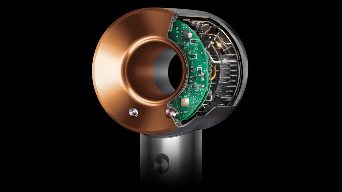 A cutaway of the Dyson Supersonic hair dryer’s aperture with Intelligent heat control technology revealed.
