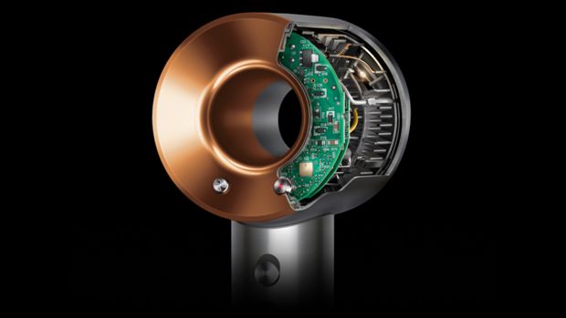 A cutaway of the Dyson Supersonic hair dryer’s aperture with Intelligent heat control technology revealed.