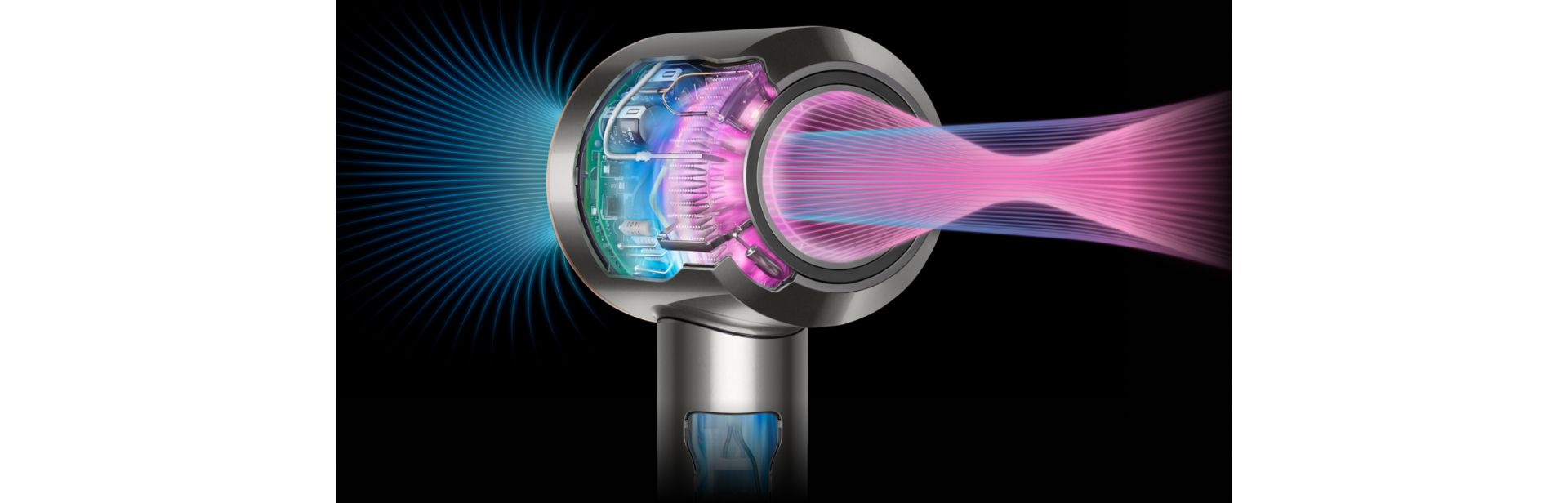 A Dyson Supersonic hajszárító belső alkatrészei és a nyílásból kiáramló levegő szemléltetése.