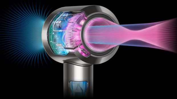 A cutaway of the Dyson Supersonic hair dryer showing internal components and airflow projected from the aperture.