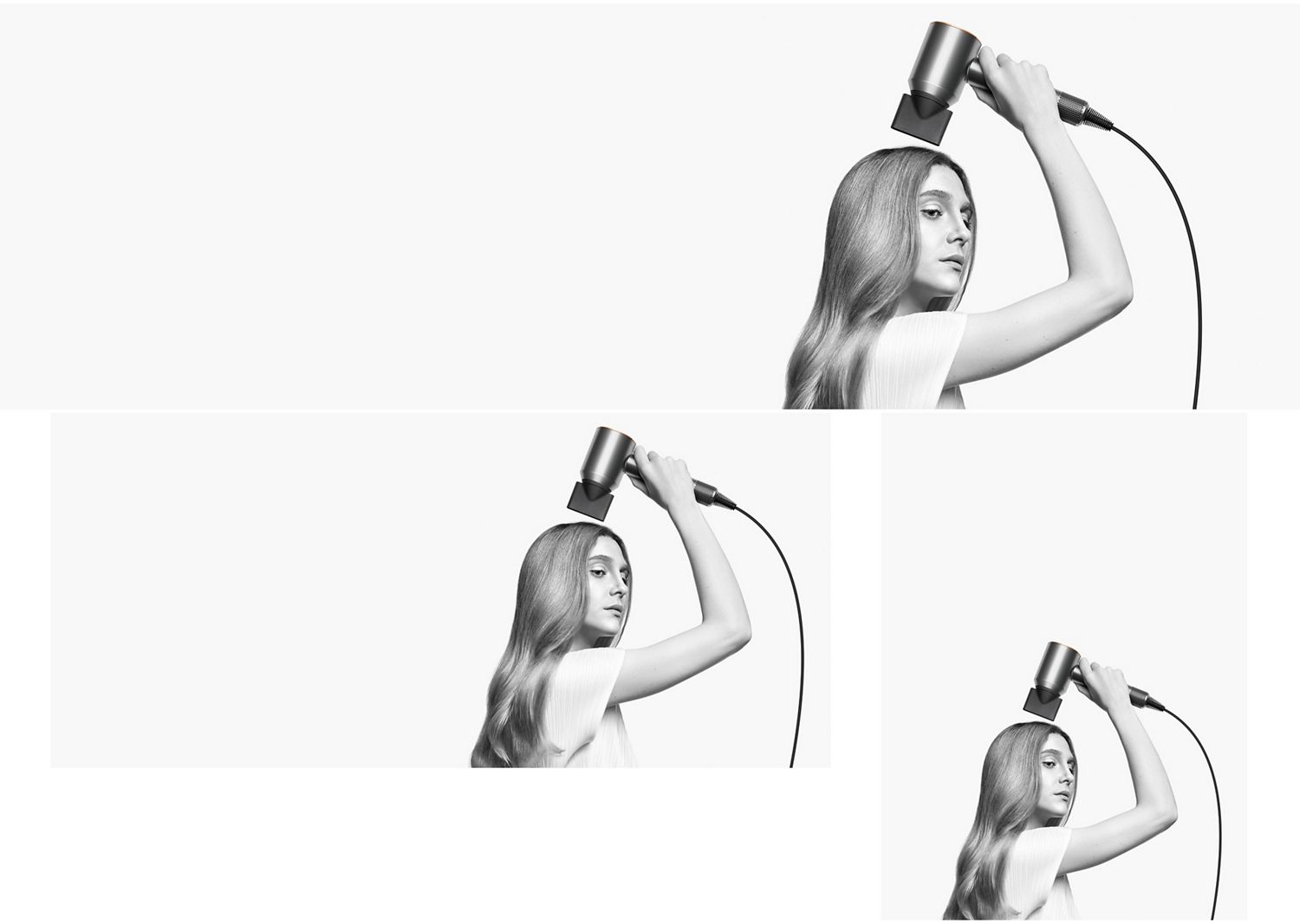 The Dyson Supersonic Origin hair dryer used by a model to style their hair.