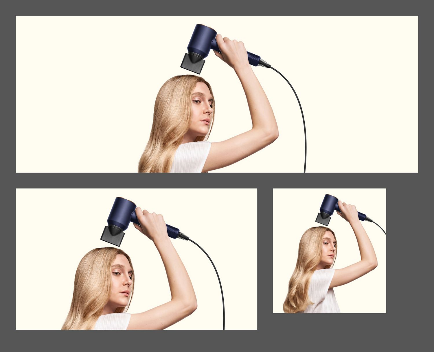 Model dries and styles her hair using the Dyson Supersonic Origin hair dryer.
