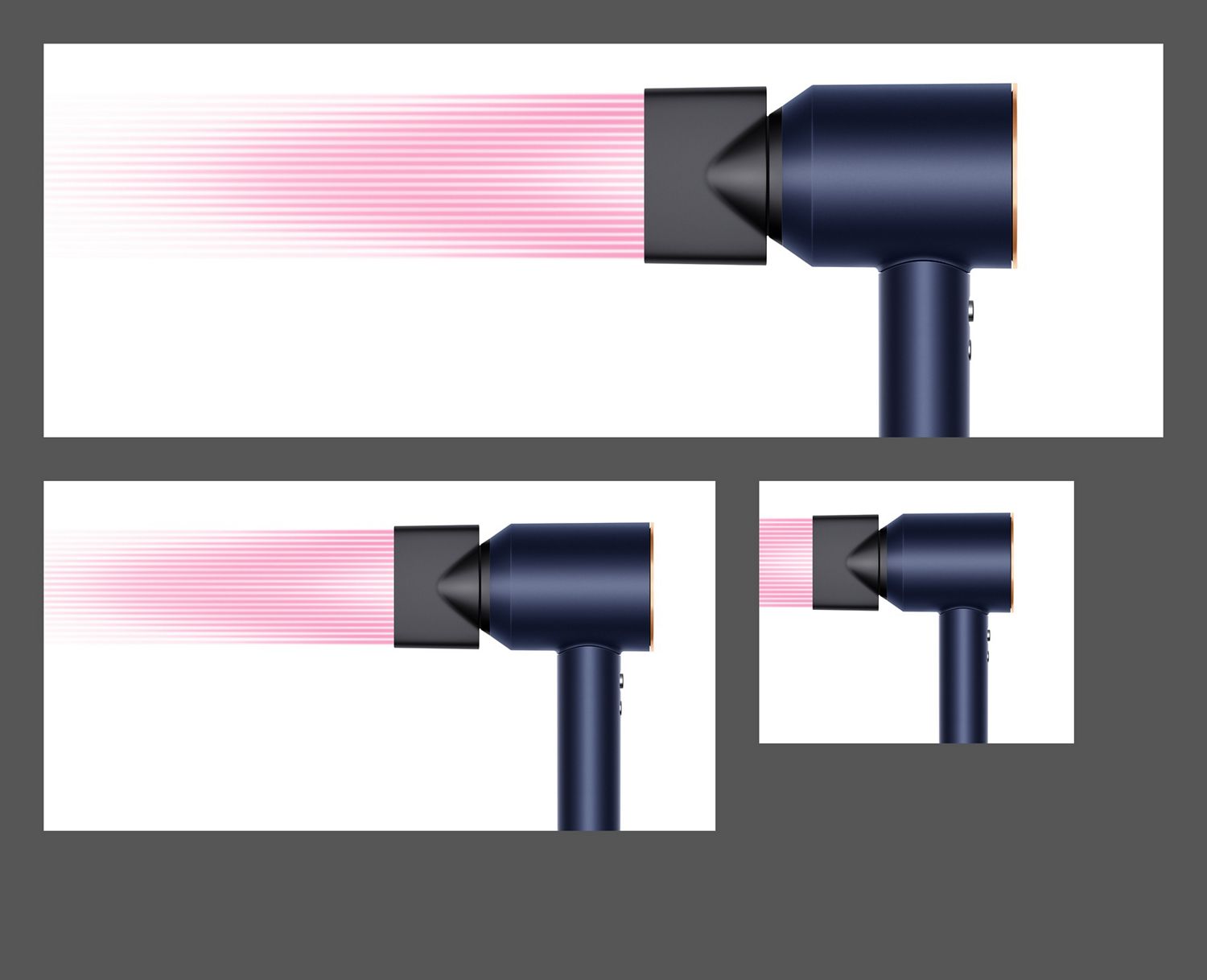 Pink graphics show the blade of air generated with the Dyson Supersonic Origin Styling concentrator.