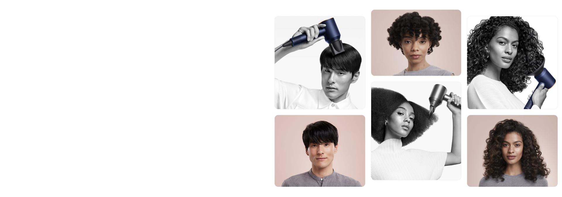 Mriežka s modelkami, ktoré si upravujú vlasy pomocou sušiča vlasov Dyson Supersonic.