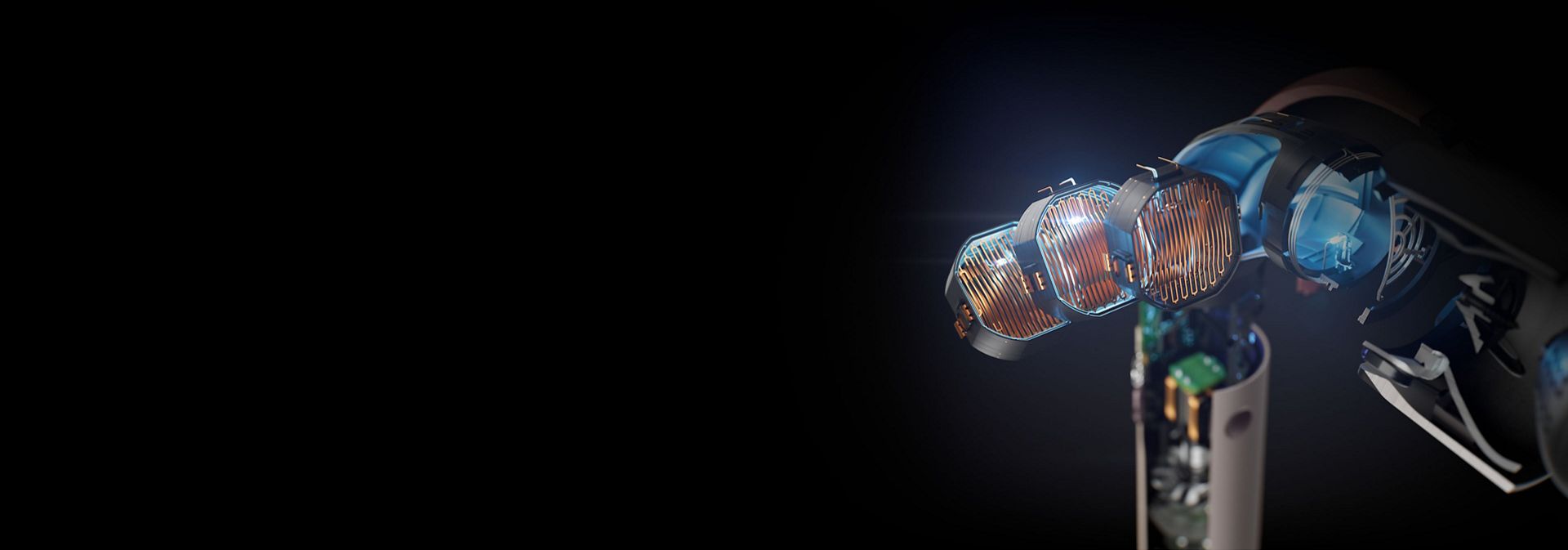 Cutaway side view of the Dyson Supersonic r hair dryer the heater foils within.