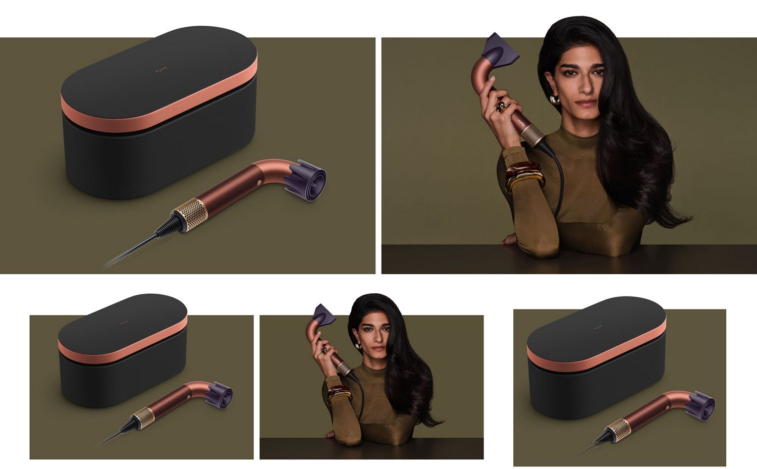 Dyson Supersonic R hair dryer with Presentation case and a model holding the device.