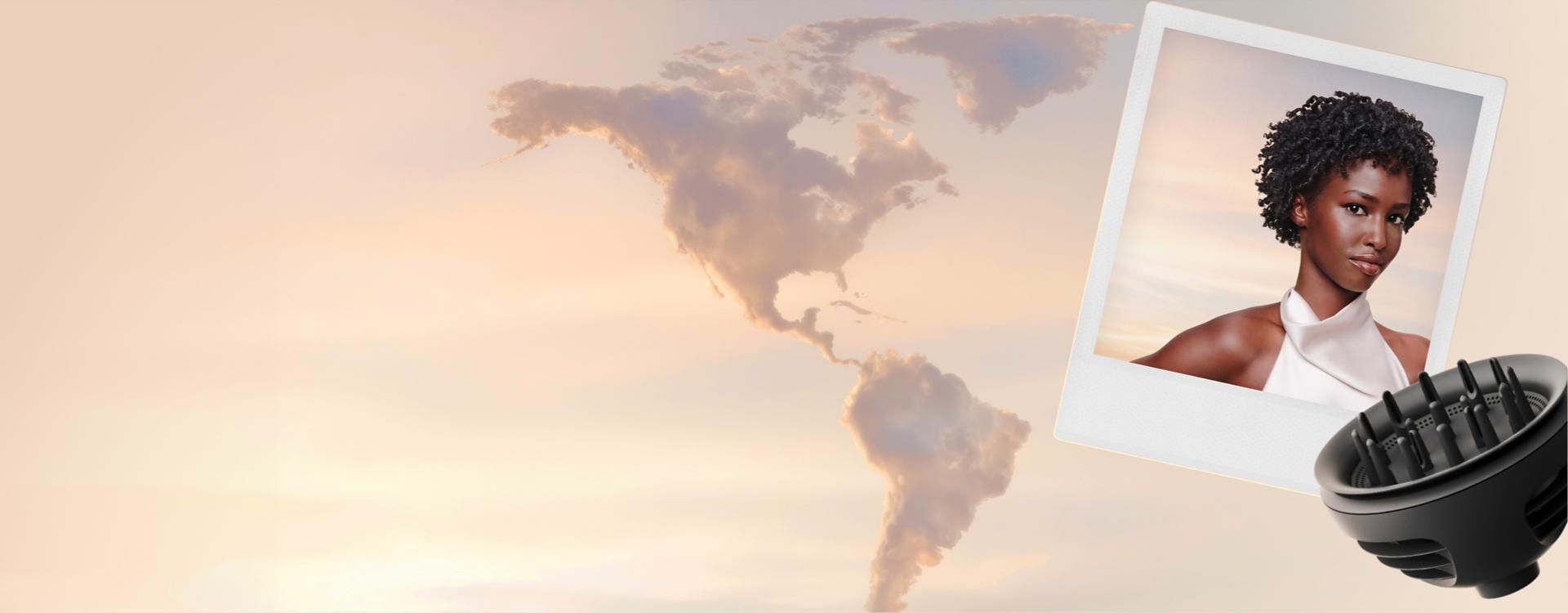 Clouds in the shape of the Americas, with a polaroid picture of a model and a diffuser attachment.