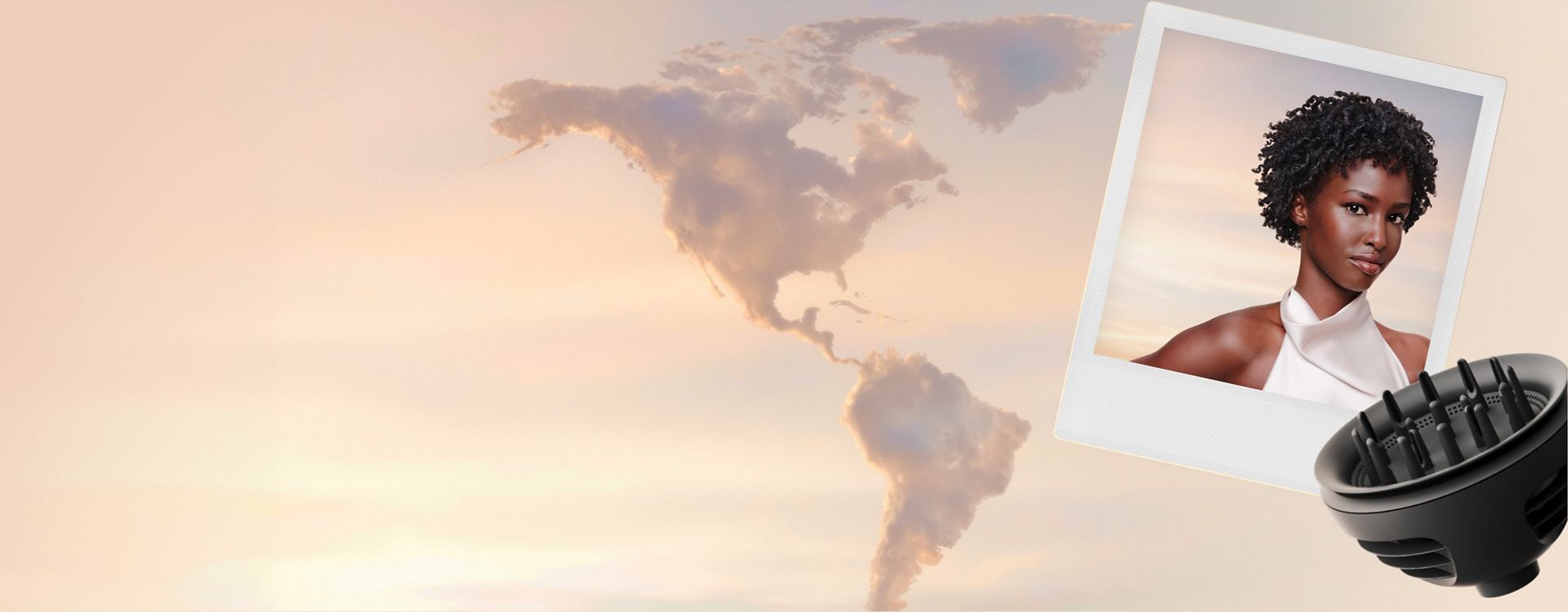 Clouds in the shape of the Americas, with a polaroid picture of a model and a diffuser attachment.
