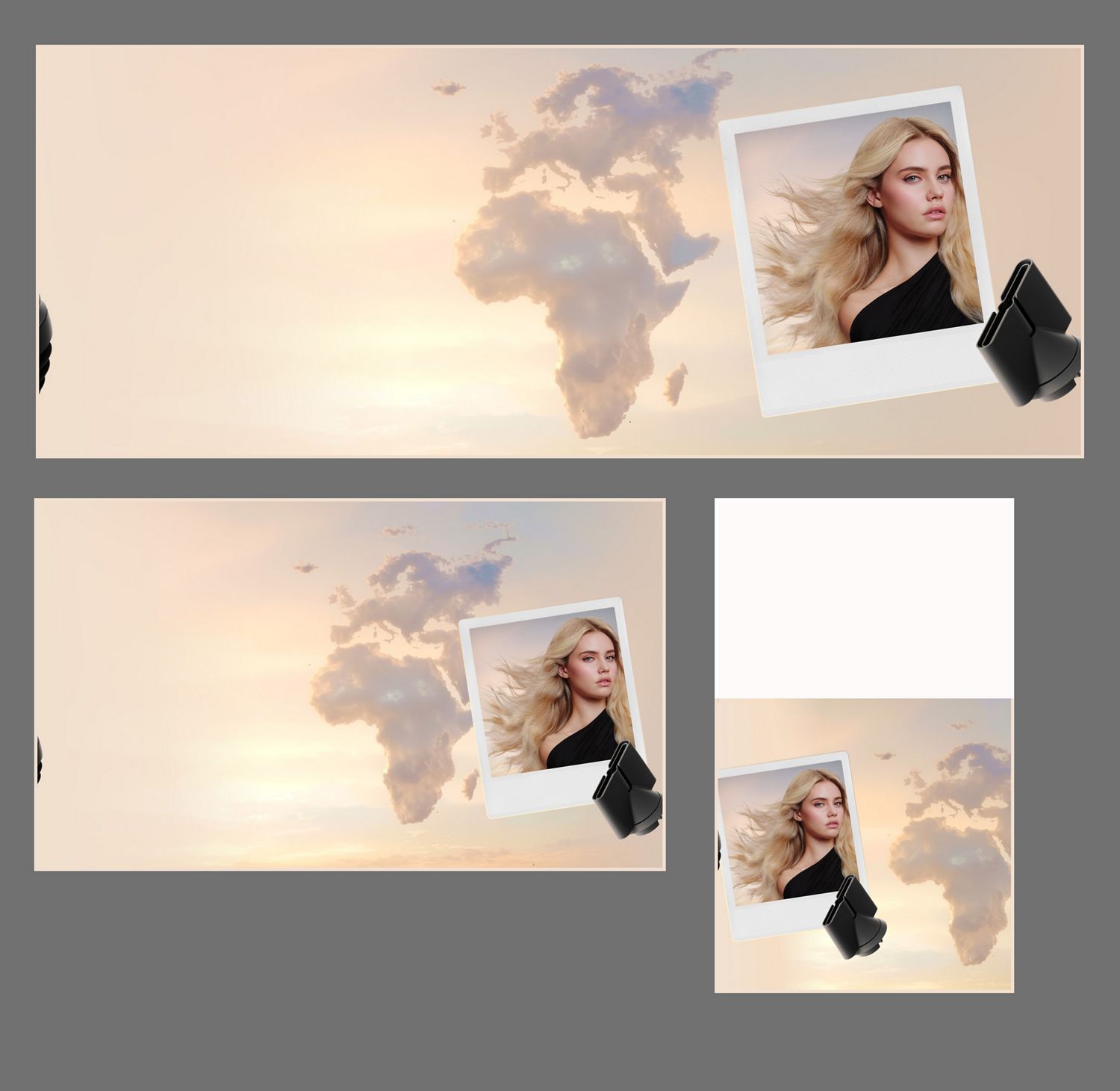 Clouds in the shape of Europe and Africa, with a polaroid picture of a model and a Styling concentrator attachment.