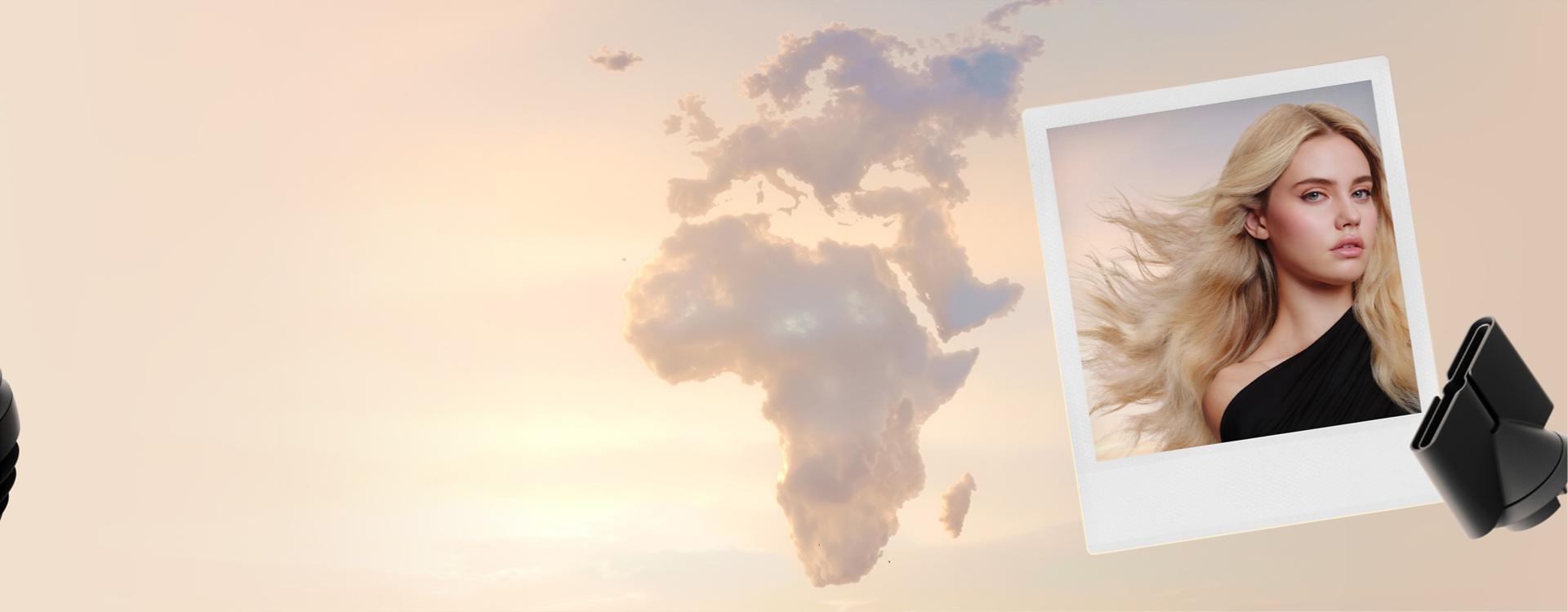Clouds in the shape of Europe and Africa, with a polaroid picture of a model and a Styling concentrator attachment.