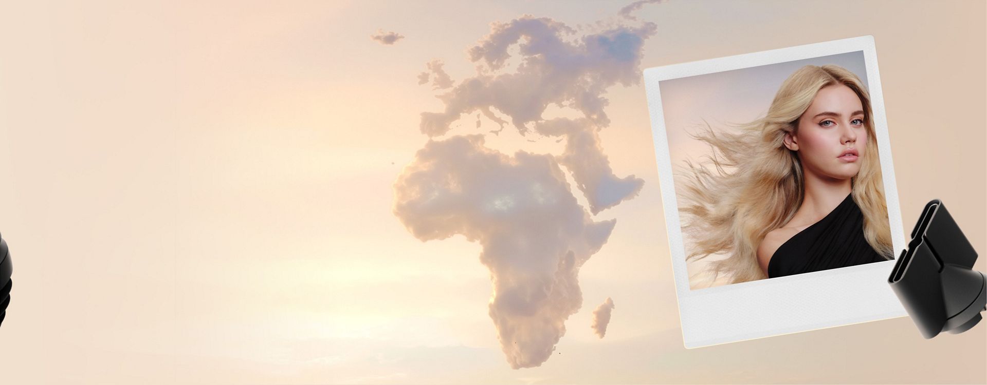 Clouds in the shape of Europe and Africa, with a polaroid picture of a model and a Styling concentrator attachment.