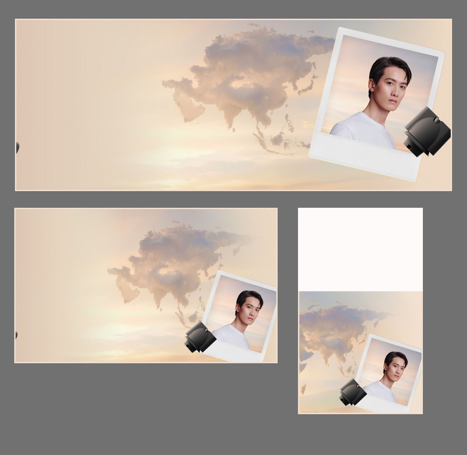 Clouds in the shape of Asia, with a polaroid picture of a model and a Smoothing nozzle attachment.