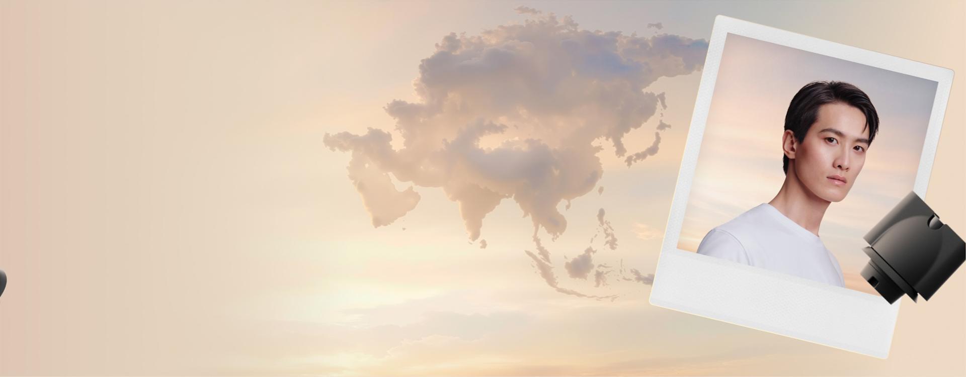 Clouds in the shape of Asia, with a polaroid picture of a model and a Smoothing nozzle attachment.