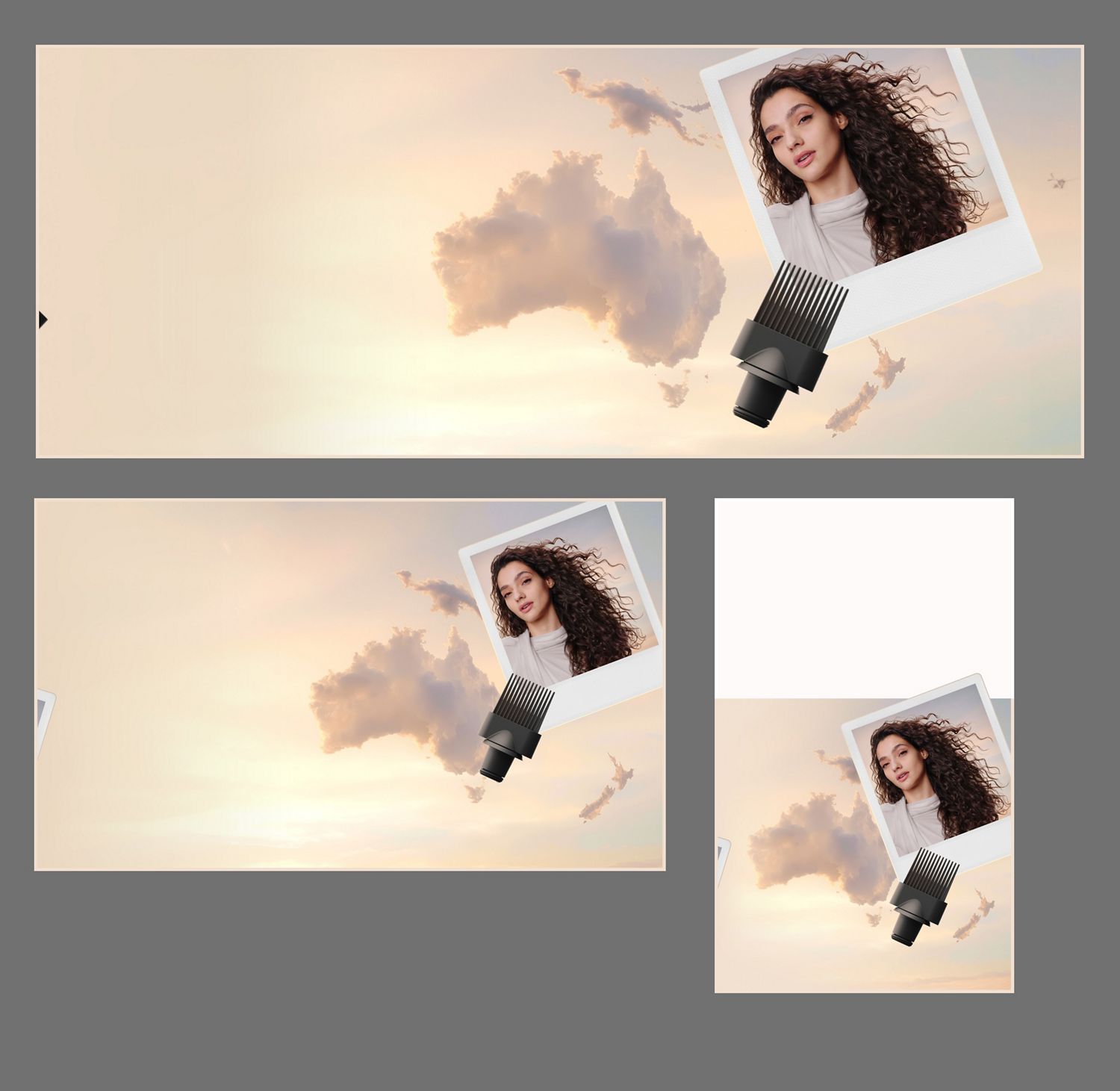 Clouds in the shape of Australia, with a polaroid picture of a model and a Wide-tooth comb attachment.