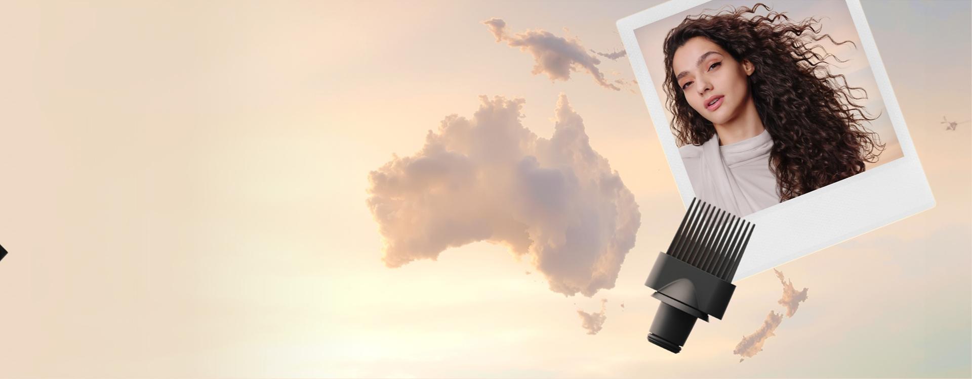 Clouds in the shape of Australia, with a polaroid picture of a model and a Wide-tooth comb attachment.