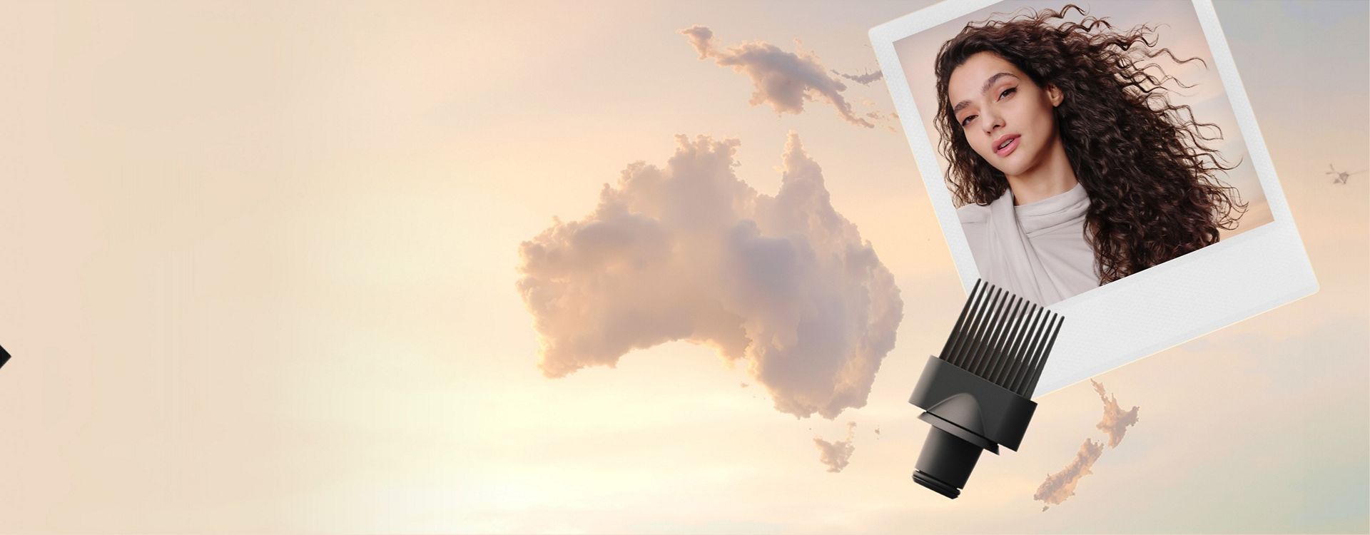 Clouds in the shape of Australia, with a polaroid picture of a model and a Wide-tooth comb attachment.