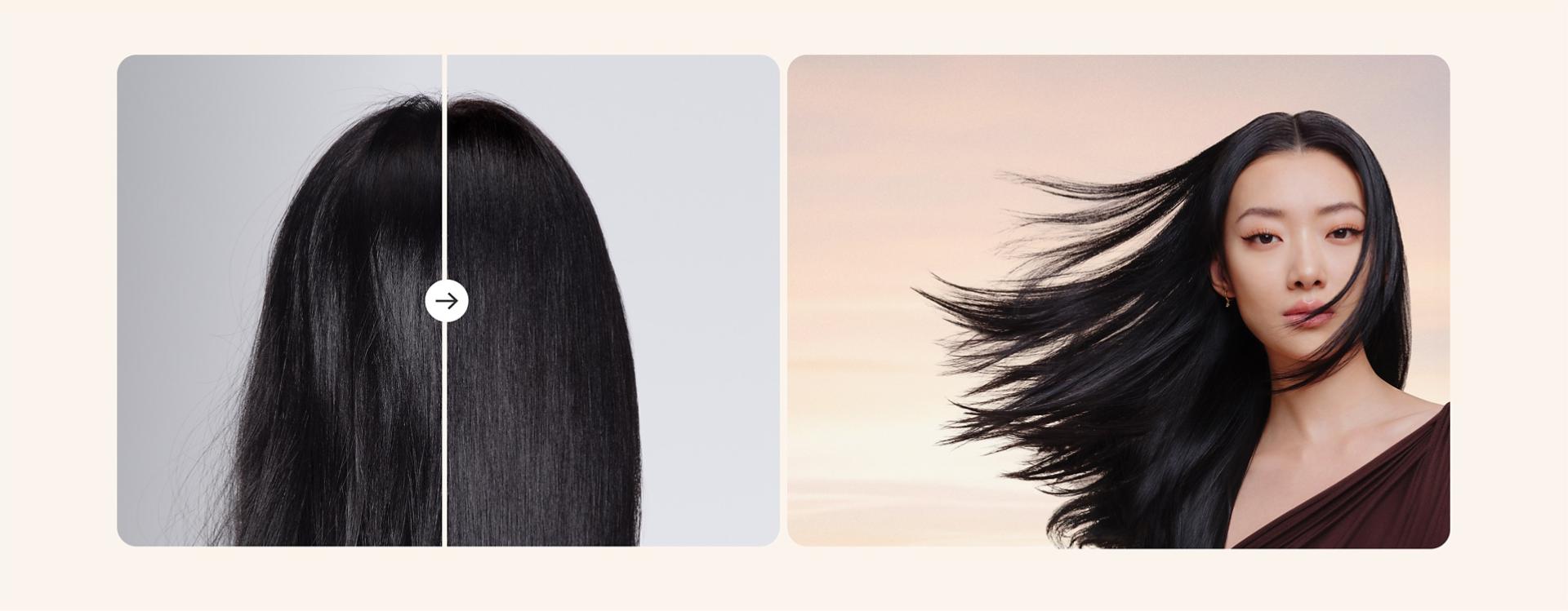 Before and after of straight hair dried and styled with the Dyson Supersonic Travel hair dryer.