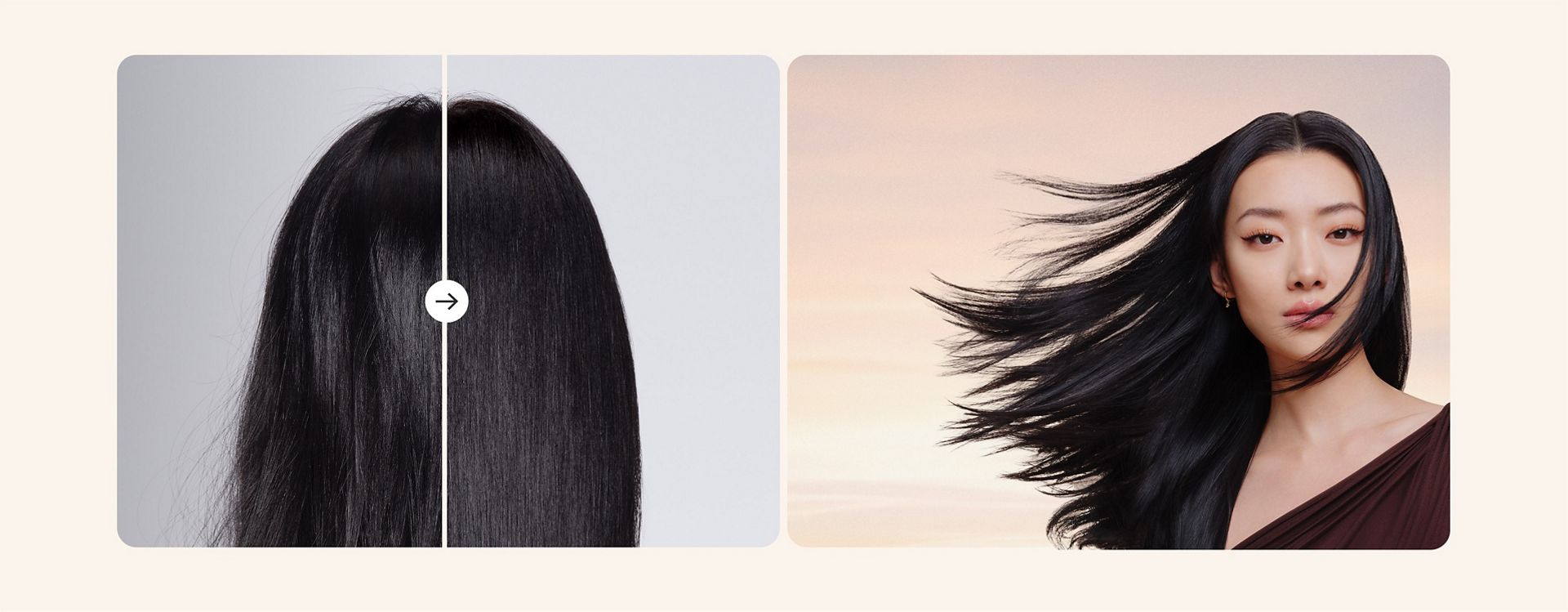 Before and after of straight hair dried and styled with the Dyson Supersonic Travel hair dryer.