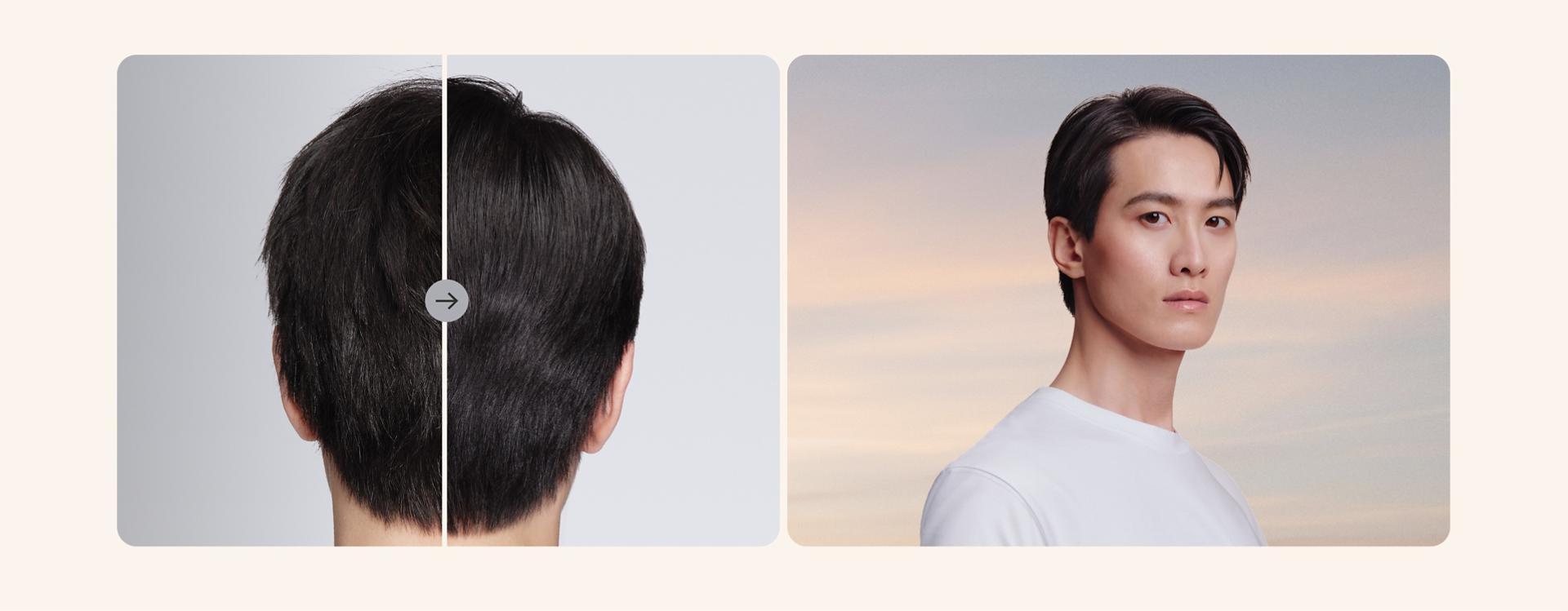 Before and after of short hair dried and styled with the Dyson Supersonic Travel hair dryer.