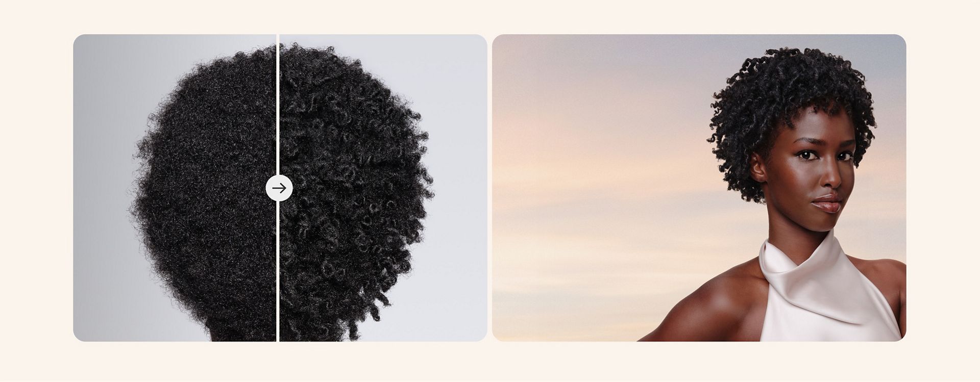 Before and after of coily hair dried and styled with the Dyson Supersonic Travel hair dryer.